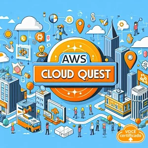 Uma ilustração com o título "AWS Cloud Quest" em destaque no centro. Ao redor, representações de avatares personalizados interagindo em uma cidade virtual, solucionando desafios relacionados à AWS. Ao fundo, elementos que remetem a diferentes serviços da AWS, como ícones de computação, armazenamento e inteligência artificial.