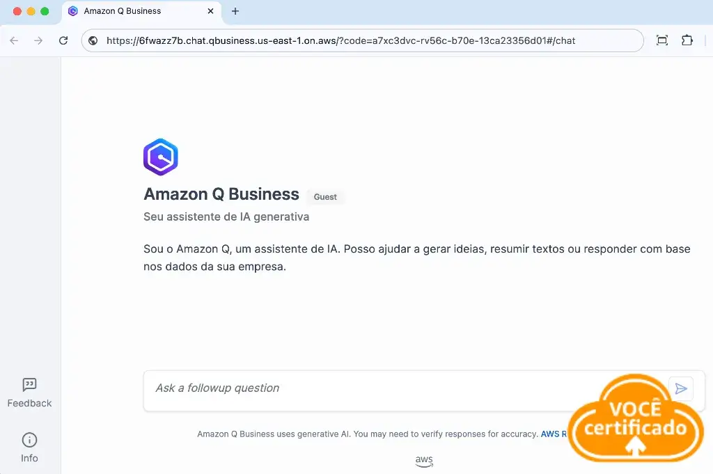 Amazon Q Business executando uma aplicação de Chatbot com acesso anônimo